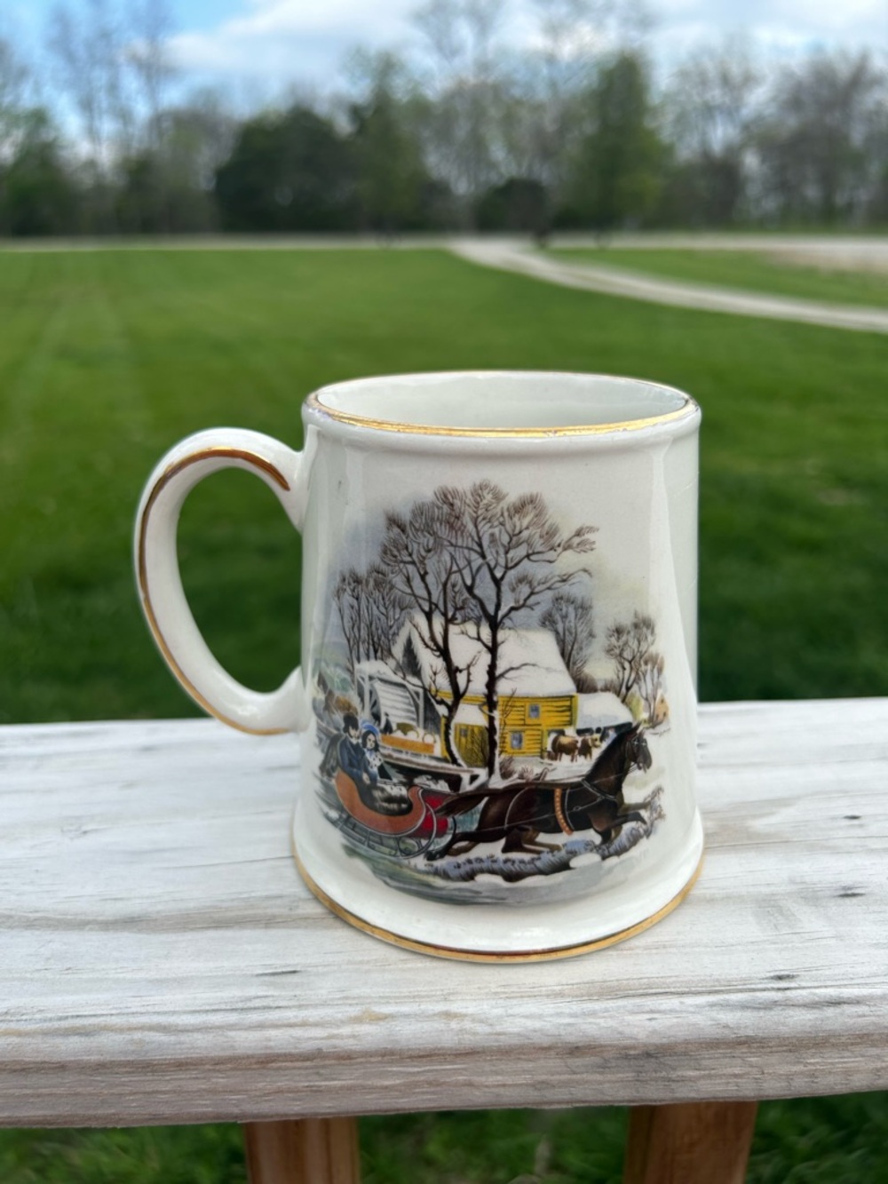Vintage James Kent "Old Foley" Mug With Winter Sleigh Ride Scene Staffordshire
